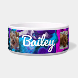 Comedero Fotos personalizadas de perro y nombre azul morado