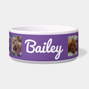 Comedero Fotos personalizadas de perro y nombre morado