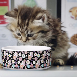Comedero Gato Blanco Floral Pastel Botánico Romántico Negro