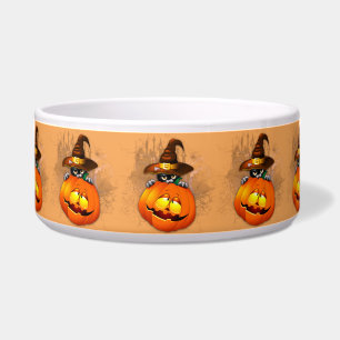 Comedero Gato bruja lindo de Halloween y amigo calabaza