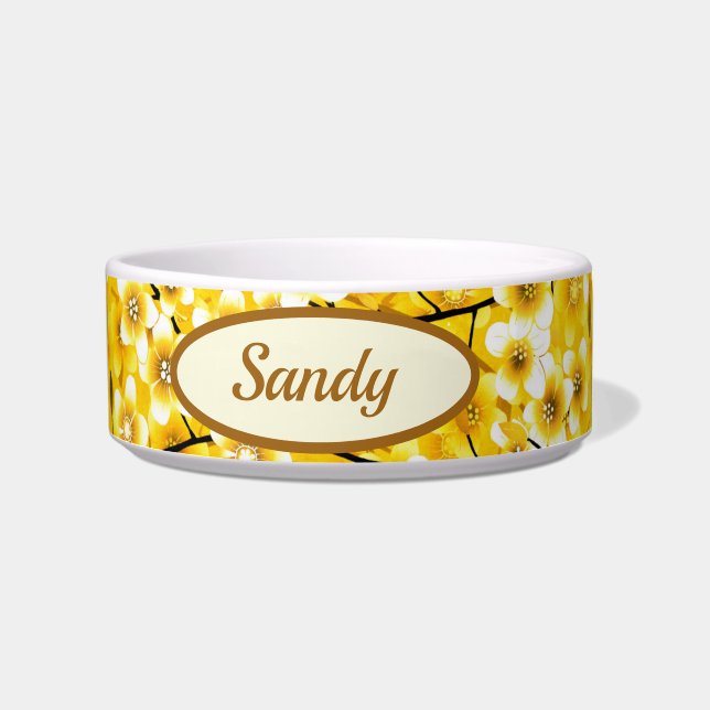 Comedero Gato de perro de patrón botánico floral amarillo b (Frente)