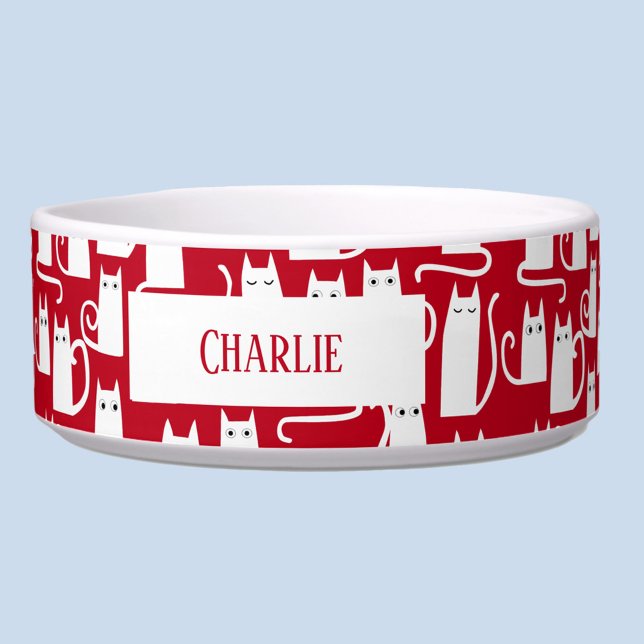 Comedero Gato divertido rojo y blanco personalizado (Red and white personalized name cat pattern pet bowl)