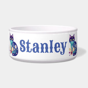 Comedero Gato floral azul personalizado
