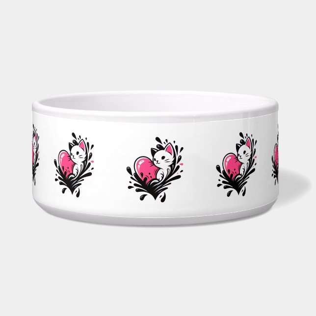 Comedero Gato Lindo Con Salpicadura De Corazón Rosa (Frente)