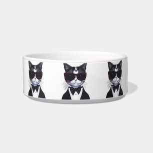 Comedero Gato negro y blanco en esmoquin y corbata de lazo