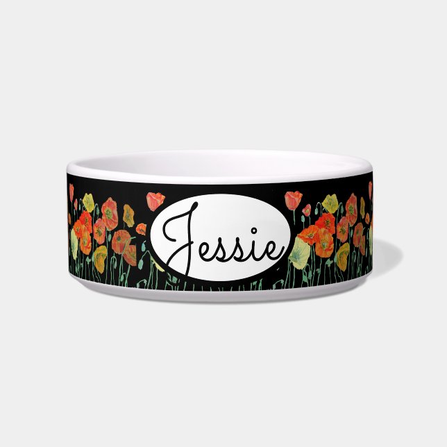 Comedero Gato Perro Shabby Floral Pamapolas Mascota Nombre  (Frente)