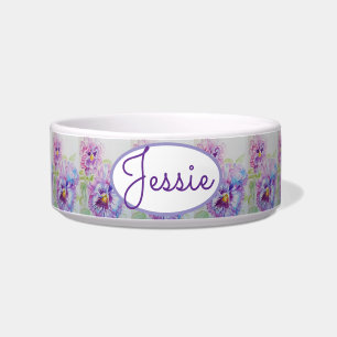 Comedero Gato Perro Shabby Floral Pansies Mascota Nombre Bo