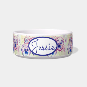 Comedero Gato Perro Shabby Floral Pansies Mascota Nombre Bo