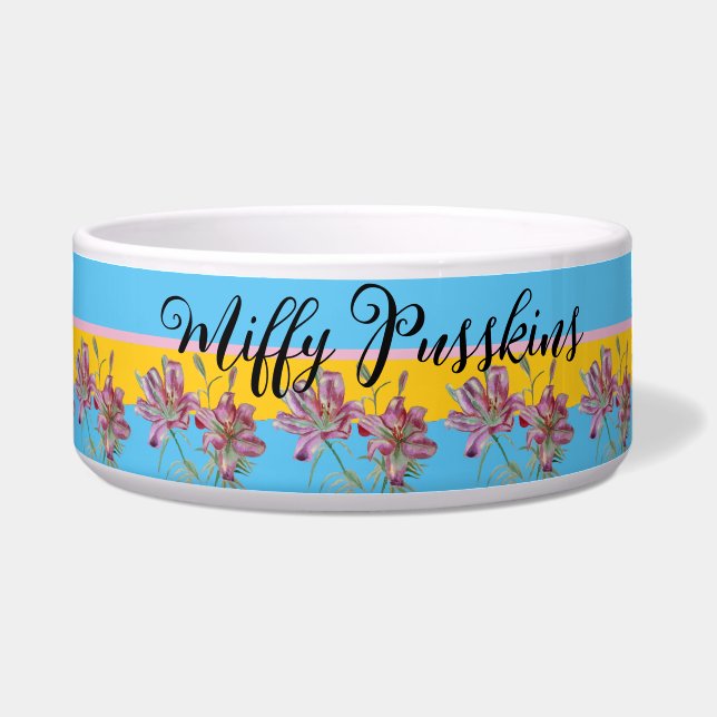 Comedero Gato Perro Shabby Floral Rosa Lily Cute Nombre Mas (Frente)
