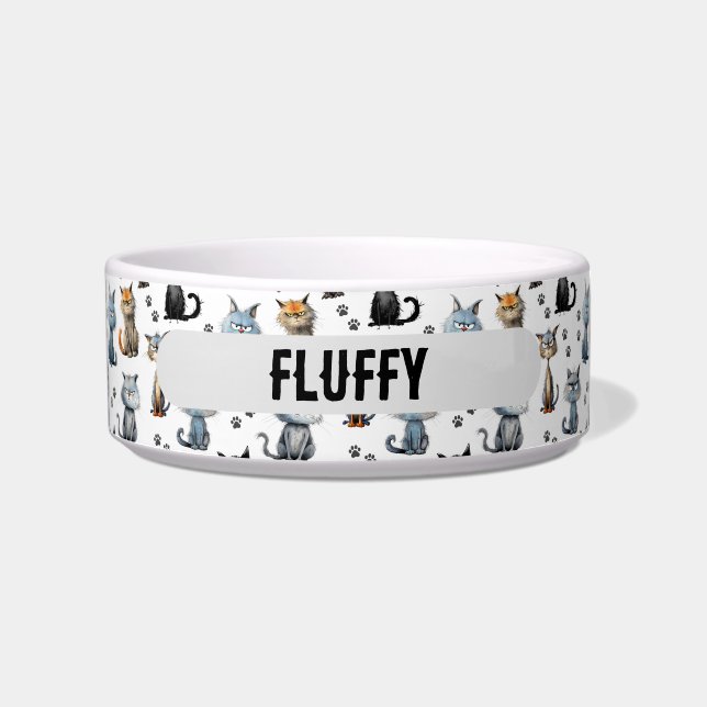 Comedero Gatos Con Caras Gruñonas Huellas De Patas Patrón N (Frente)