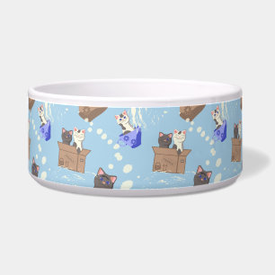 Comedero Gatos en caja y gotas de leche sobre azul