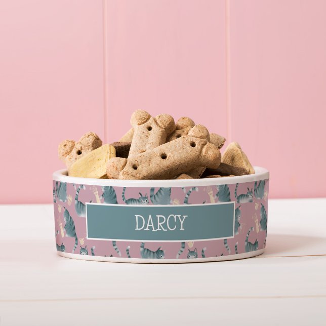 Comedero Gatos Gris Tabby Malos Derribando Cosas Patrón (Bad Grey Tabby Cats Knocking Stuff Over Pet Bowl (add your own pet name and change the colour!))