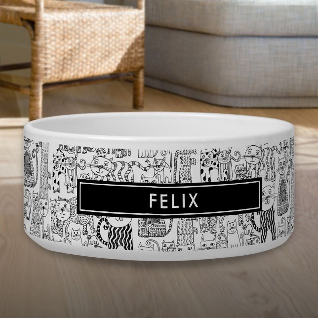 Comedero Gatos y Gatitos Negros y Blancos Lindos Personaliz (Custom Cute Black and White Cats And Kittens Pet Bowl)