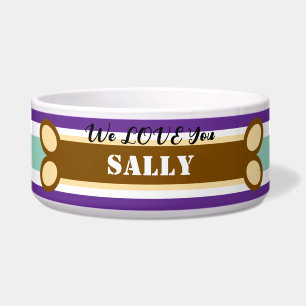 Comedero Geometric Purple Green Stripes Dog Bone Name