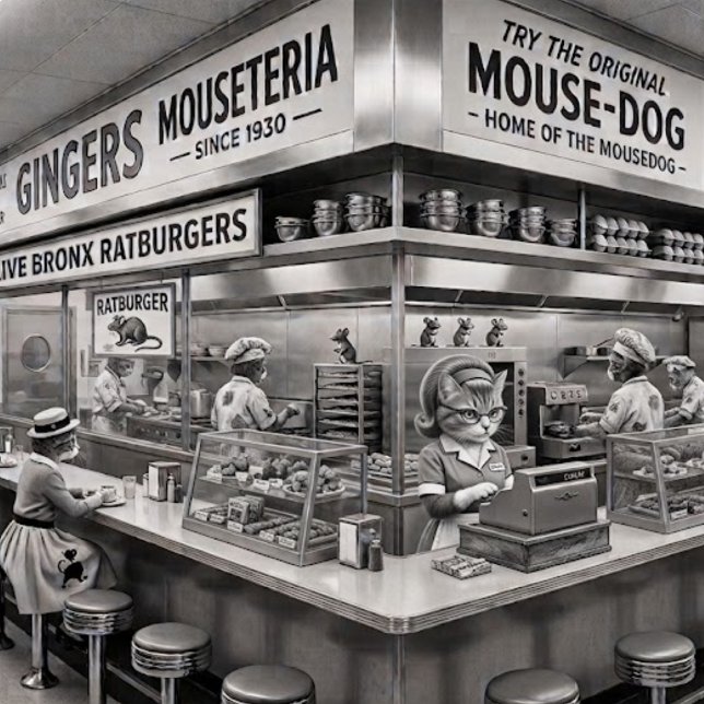 Comedero Gingers NYC Mouseteria, hogar del Mousedog.  (An institution on Broadway.)