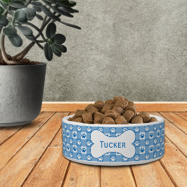 Comedero Gingham azul personalizado con pinturas y huesos