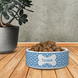 Comedero Gingham azul personalizado con pinturas y huesos