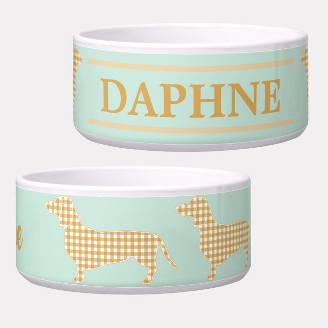 Comedero Gingham Dachshund sobre el pato azul del huevo - T (Custom for your little Doxie, this cute pet bowl features cream gingham dachshunds on a mint backgro)