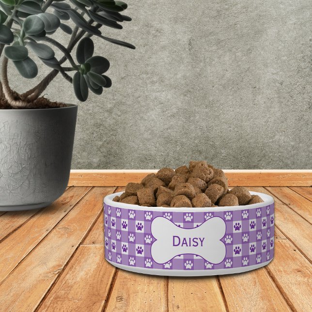 Comedero Gingham Morado Personalizado con Hueso de Huellas  (Subido por el creador)