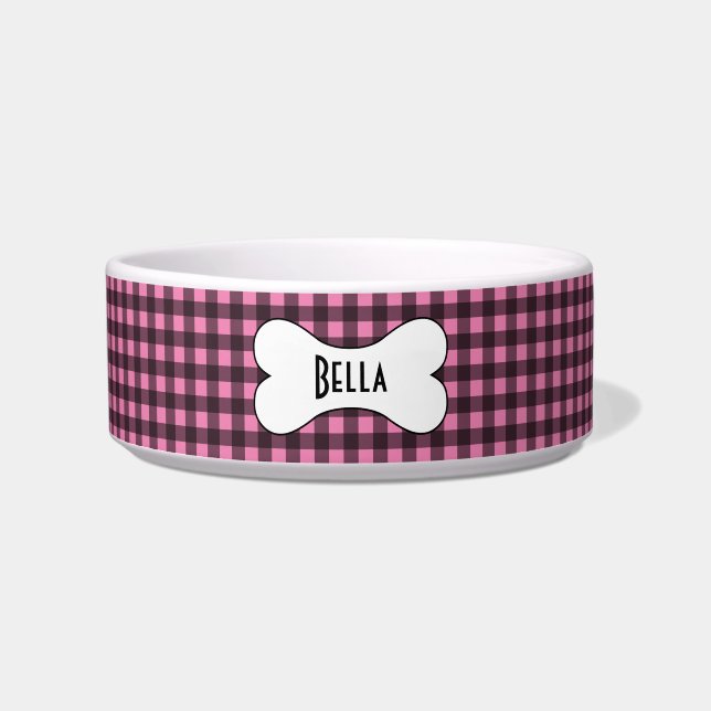 Comedero Gingham rosa y negra con nombre en hueso de perro (Frente)