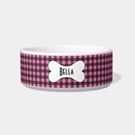 Comedero Gingham rosa y negro con nombre en hueso de perro