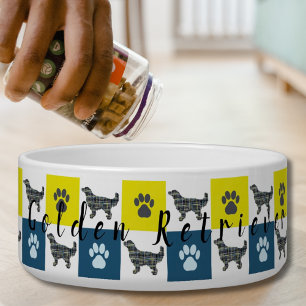 Comedero Golden Retriever y Paw Yellow & Blue Grid Dog Bowl