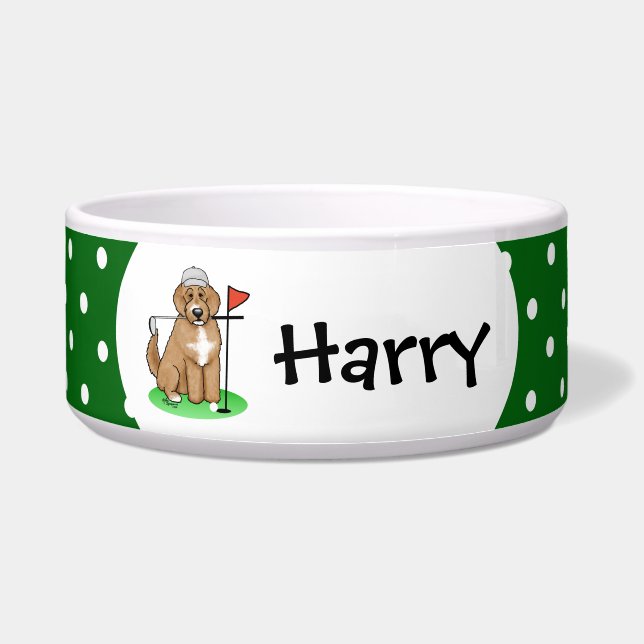 Comedero Goldendoodle Perro Jugando Golf (rojo whmk2) Diver (Frente)