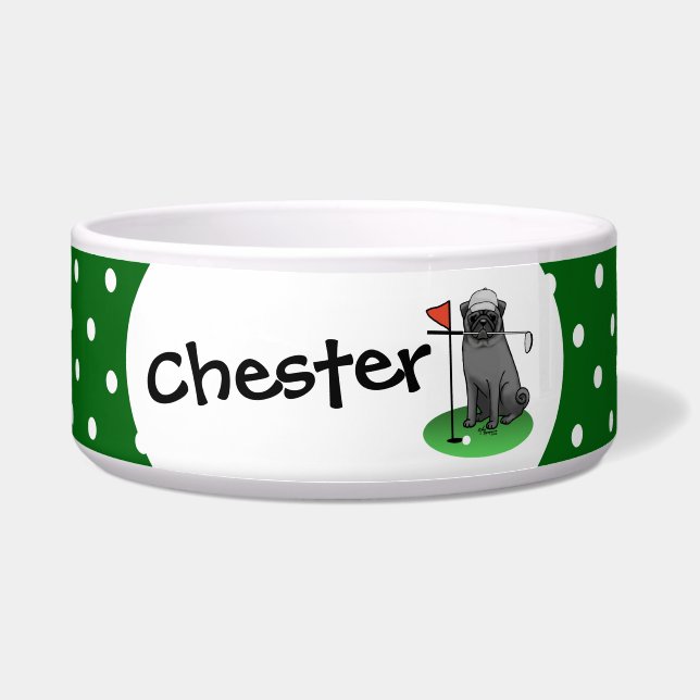 Comedero Golf Pug Jugando Golf (negro) Cute Dog Funny (Frente)