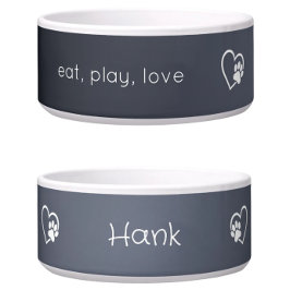 Comedero Gray 'eat, play, love' Dog Name Bowl