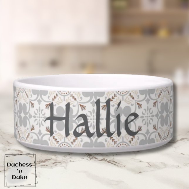 Comedero Gray Spanish Tile Personalized Pet Bowl  (Pet Bowl - Gray Spanish Tile Personalized)
