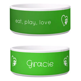 Comedero Green 'eat, play, love' Dog Name Bowl