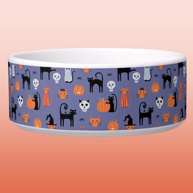 Comedero Halloween Cat Spooky Fun Mascota (Cute Halloween cat pattern pet bowl)