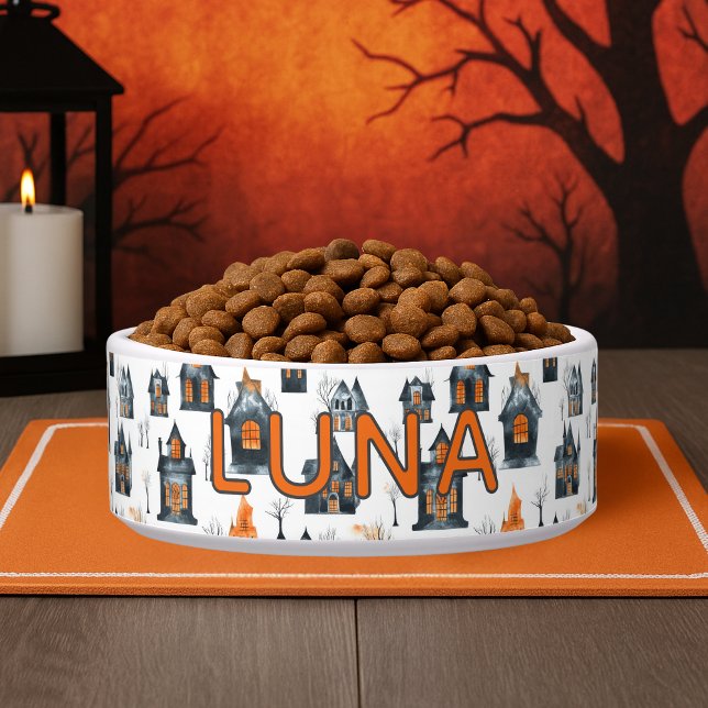 Comedero Halloween Miniature Haunted Houses Custom Name Dog (Halloween Miniature Haunted Houses Custom Name Dog Bowl
)