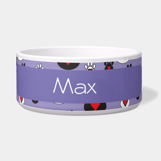 Comedero Huellas de patas corazón azul rojo nombre (Frente)