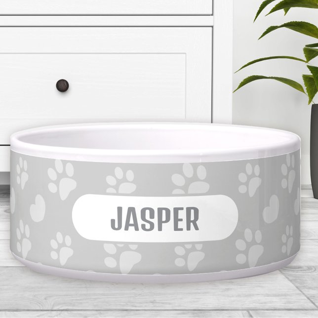 Comedero Huellas de patas corazón gris nombre mascota perro (Paw Prints Heart Pattern Grey Name Pet Dog Bowl)