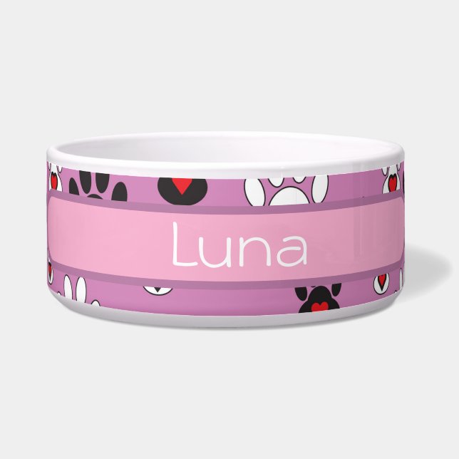 Comedero Huellas de patas corazón rosa rojo nombre (Frente)