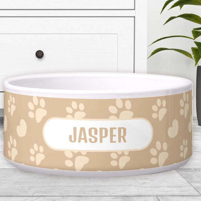 Comedero Huellas De Pezuña Patrón De Corazón Beige Nombre P (Paw Prints Heart Pattern Beige Name Pet Dog Bowl)