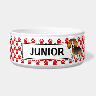 Comedero Huellas Rojas Beagle Tricolor Y Nombre Del Perro