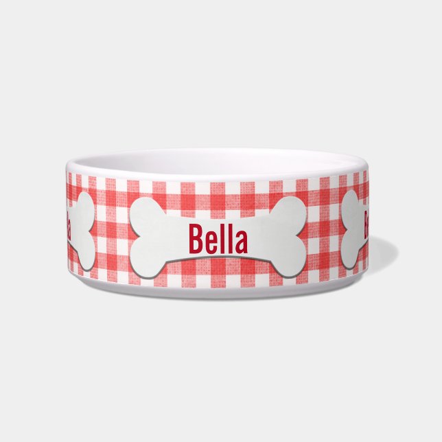 Comedero Hueso De Perro Blanco En El Bote De Gingham (Frente)