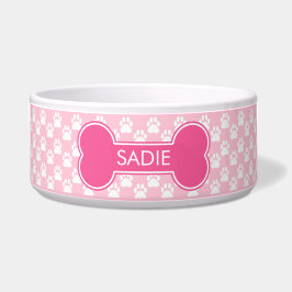 Comedero Hueso de perro rosa y patas con nombre