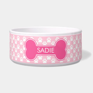Comedero Hueso de perro rosa y patas con nombre