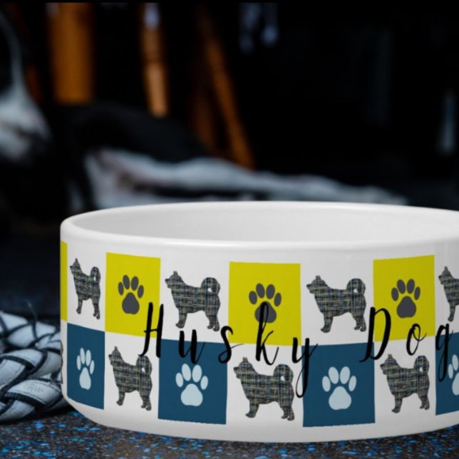 Comedero Husky Dog & Paw Tazón de Perro Amarillo y Azul (Husky Personalised Dog Bowl)
