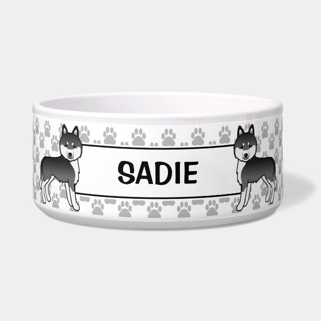 Comedero Husky Siberiano Blanco Y Negro Con Nombre De Masco (Frente)