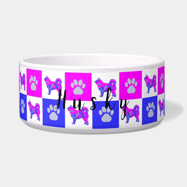 Comedero Husky Silhouette Dog & Paw Hot Pink & Blue Pet Bow (Frente)