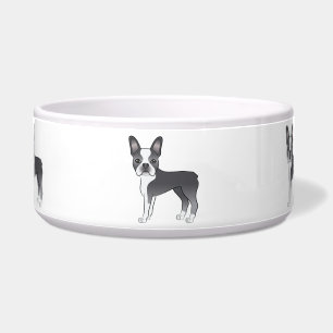 Comedero Ilustración de perro Boston Terrier azul y blanco