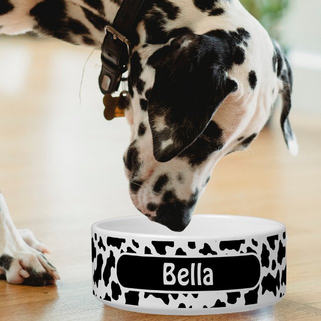 Comedero Impresión de vaca animal de granja negra y blanca (black and white cow print pet bowl with Dalmatian dog)