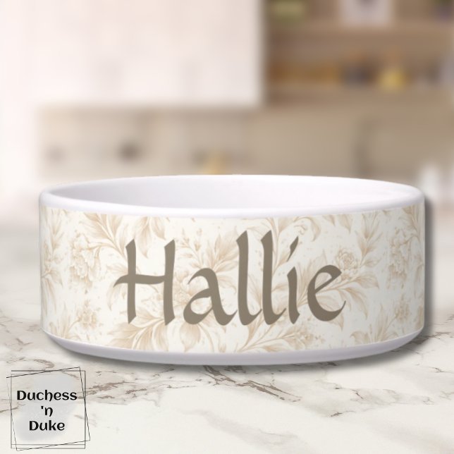 Comedero Ivory Garden Floral Pattern Design Dog  (Personalized Dog Bowl with ivory botanical design displayed on marble counter top)