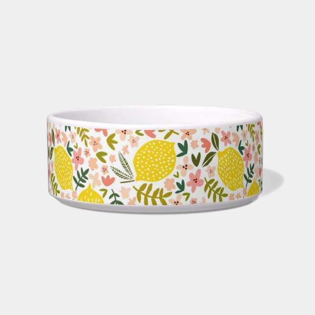 Comedero Lemones amarillos modernos con Mascota floral rosa (Frente)