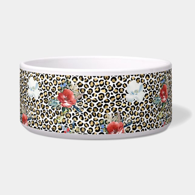 Comedero Leopardo dorado Imprimir Floral Blanco Rojo (Frente)