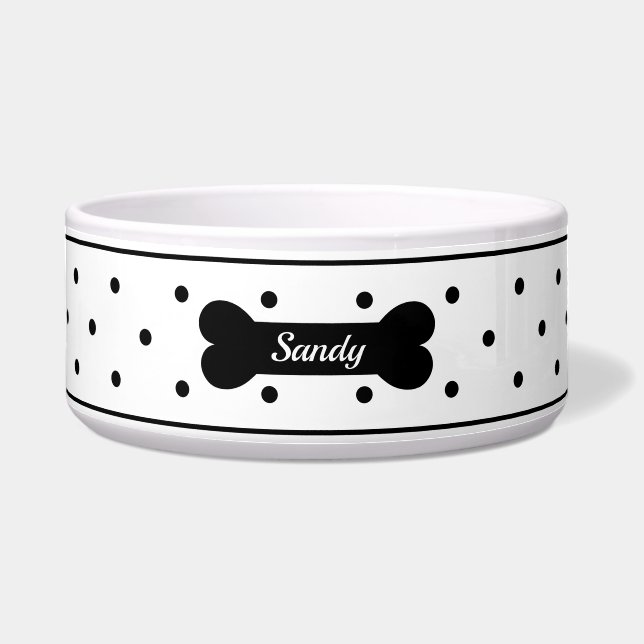 Comedero Los Puntos De Polka Negro Sobre Blanco Con Hueso Y (Frente)